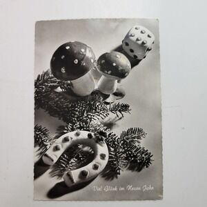Vintage Viel Gluck im Neuen Jahr Postcard Horseshoe‎ Mushroom Dice